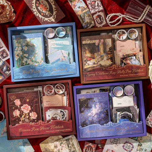 All four Starry Dream collage journal kit boxes displayed together