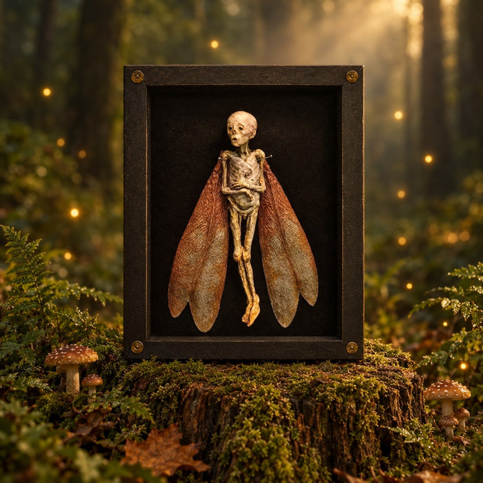 Dead fairy shadow box with amber wings displayed on a mossy tree stump in an enchanted forest with toadstools and glowing fireflies