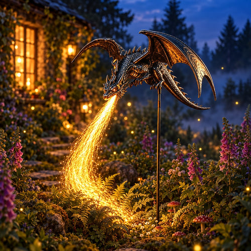 Winged dragon solar garden light breathing a glowing stream of golden fire into a mossy cottage garden at dusk
