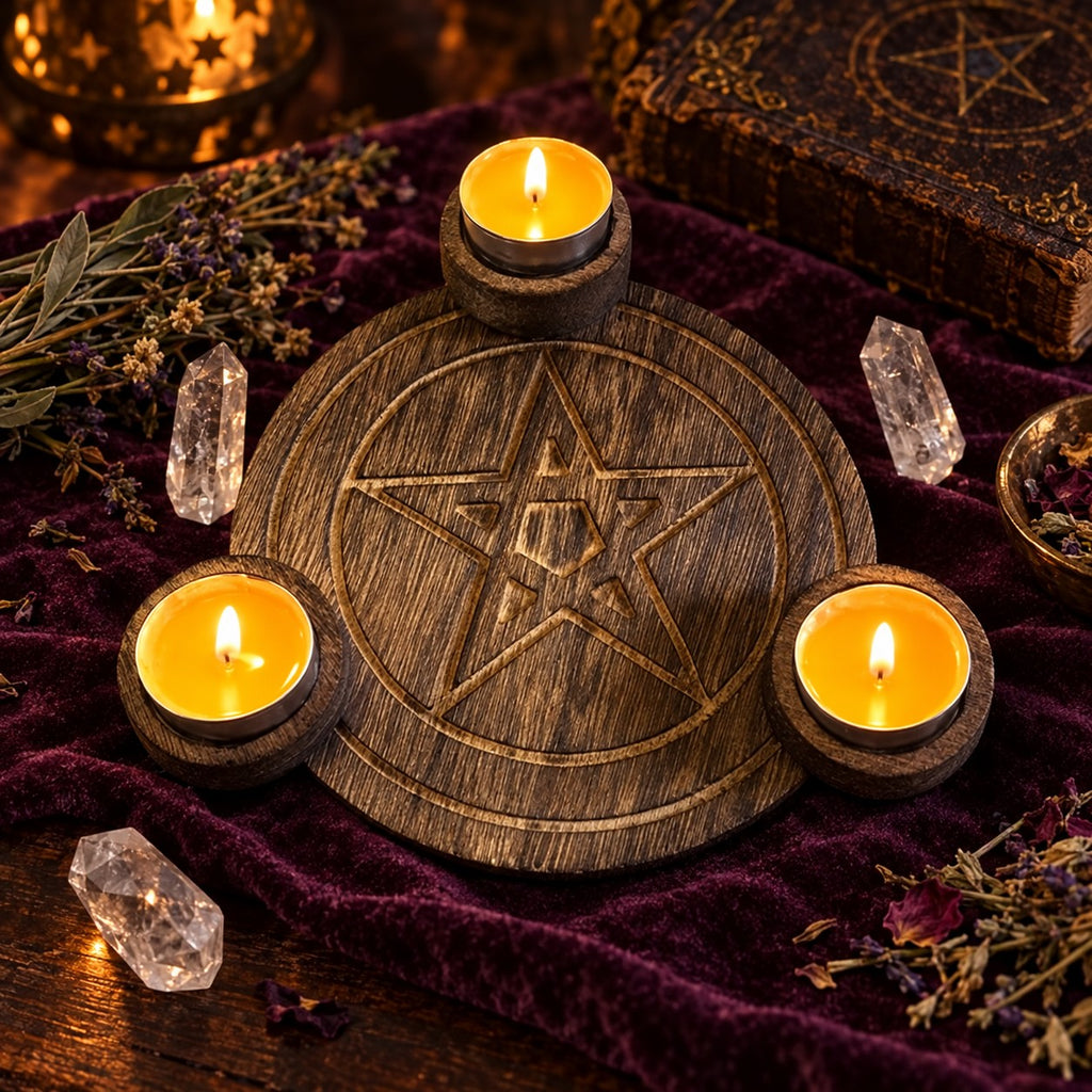 Carved wooden pentagram altar candle holder with three lit tealights on plum velvet, surrounded by quartz crystals and dried herbs