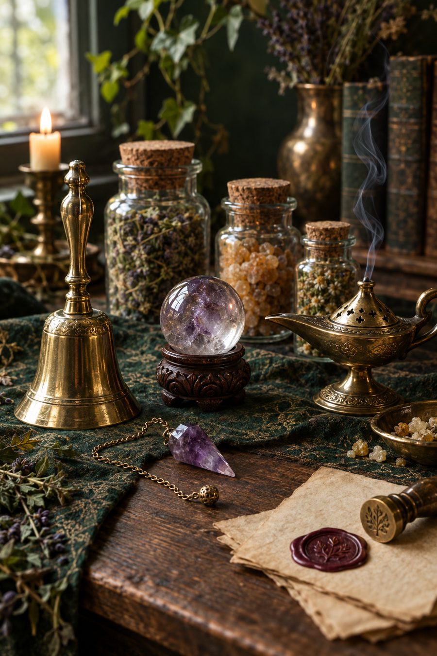 A brass altar bell, crystal sphere, genie-lamp incense burner and jars of herbs