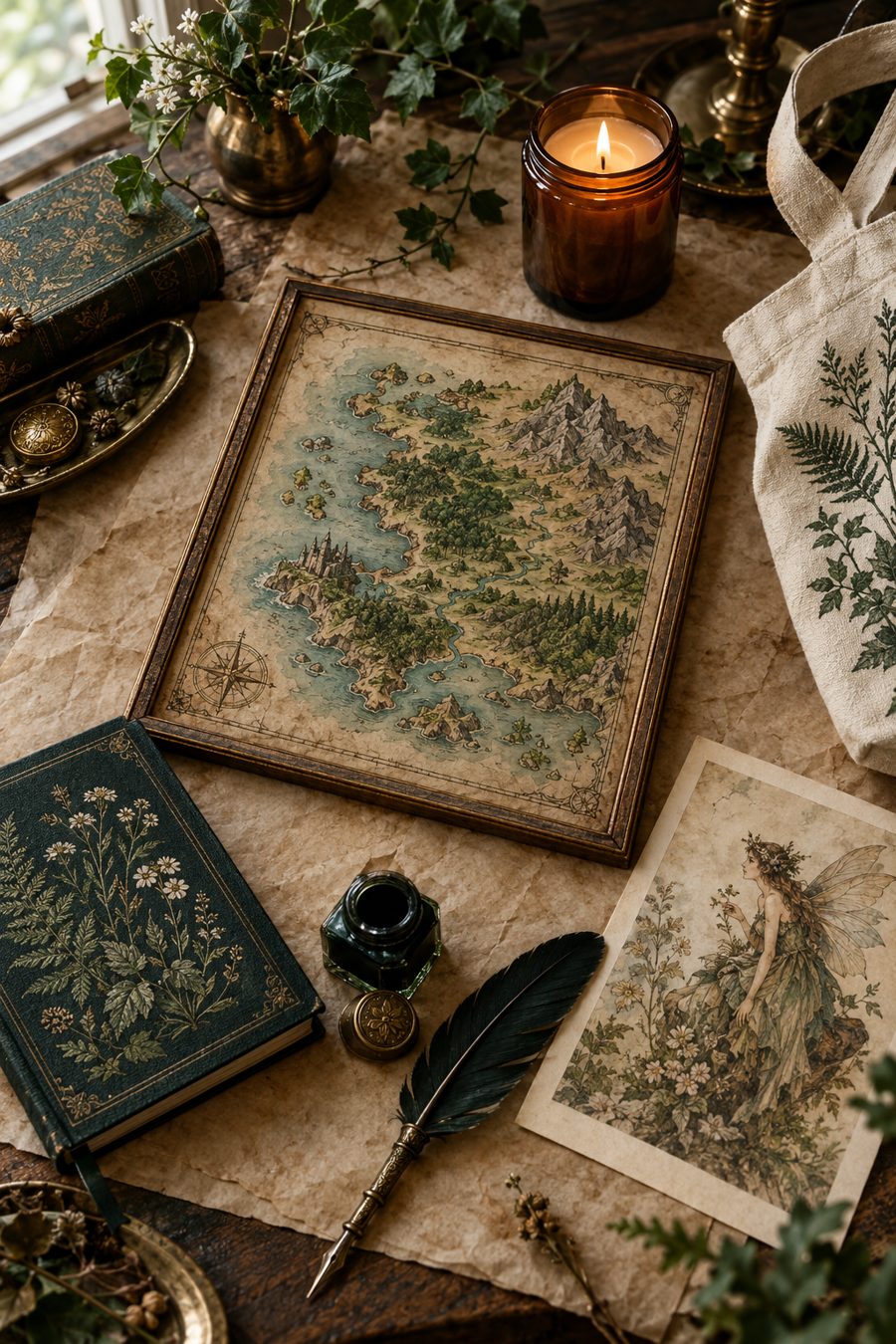 A framed map of an invented coastline, an amber candle, journal and tote bag