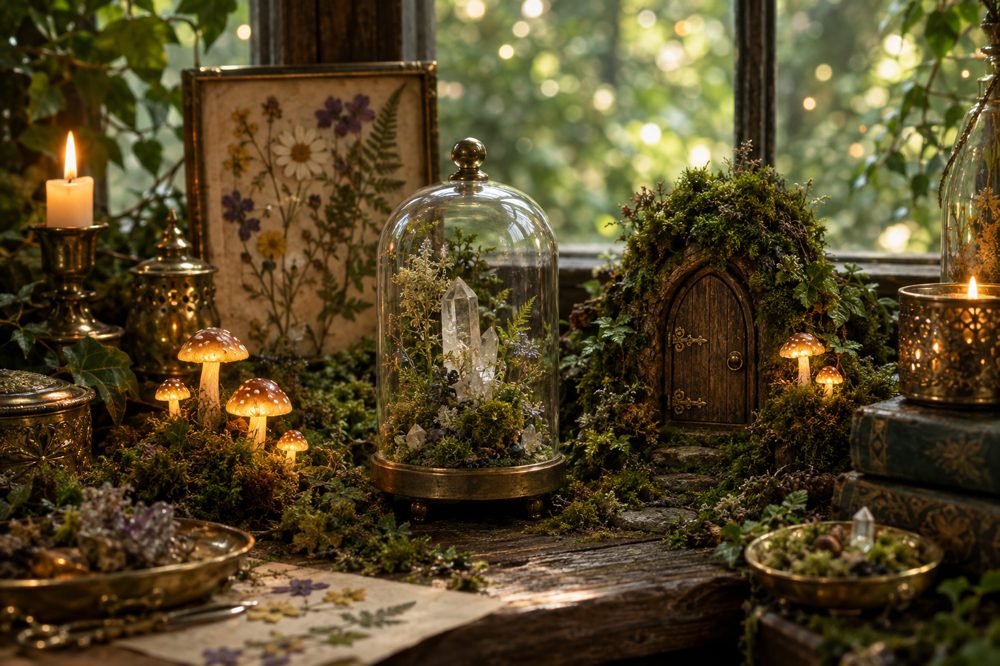 Glowing toadstools, a crystal terrarium and a tiny fairy door in moss
