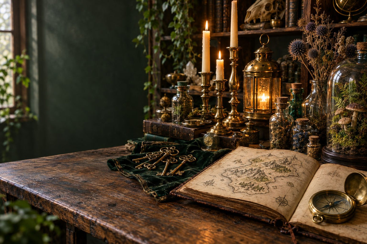 An antique desk at dusk with lit brass candlesticks, skeleton keys, apothecary bottles, a moss terrarium and an open book showing a hand-drawn map