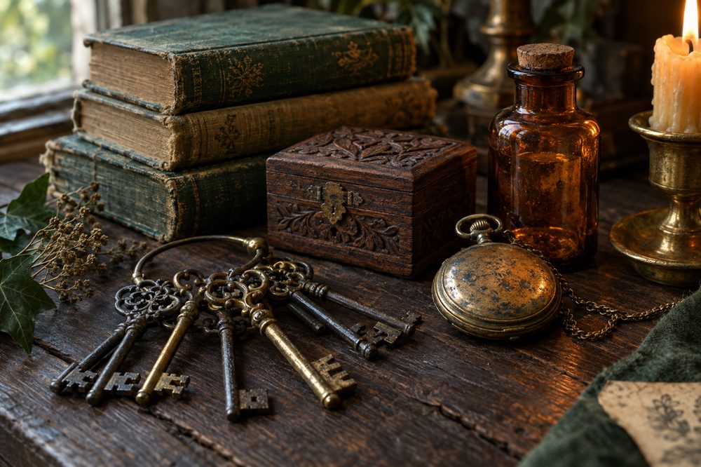 Antique skeleton keys, a brass pocket watch, carved box and old books