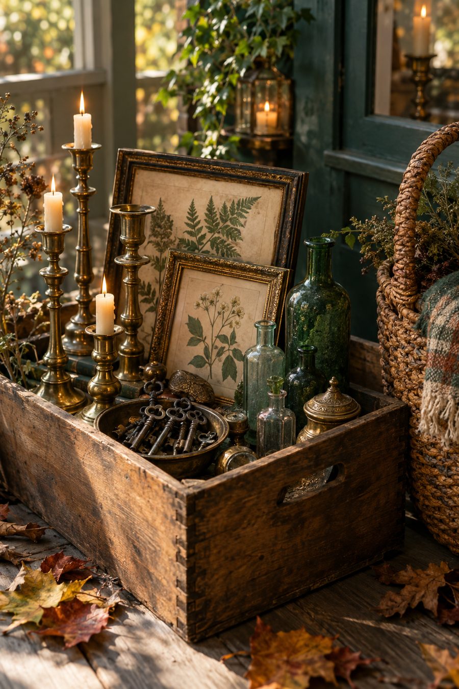 A wooden crate of antique brass candlesticks, keys and framed botanical prints on a sunlit porch