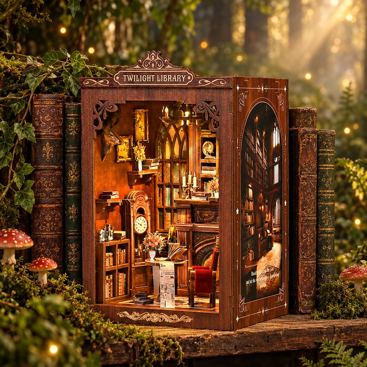 Twilight Library DIY book nook glowing between old books on a mossy shelf in an enchanted forest with toadstools and fireflies