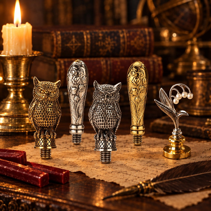Owl and lily wax seal handles in antique gold and silver on parchment beside a candle, sealing wax and quill